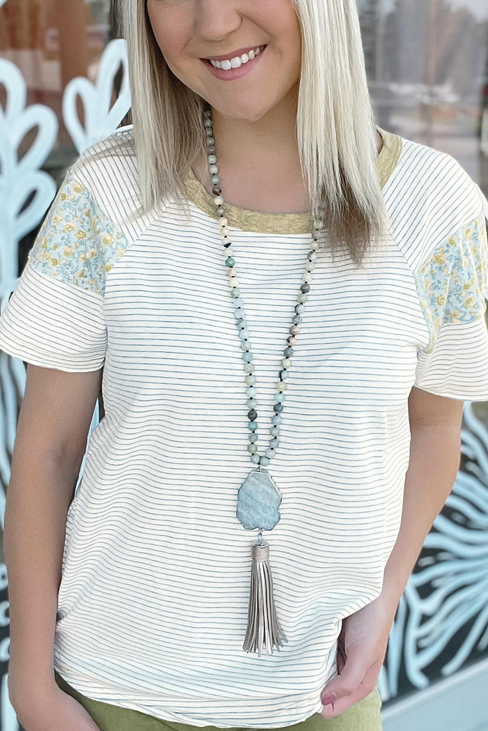White Stripe Floral Insert Sleeves Contrast Round Neck Tee - Tops/Tops & Tees