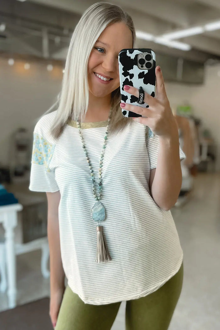 White Stripe Floral Insert Sleeves Contrast Round Neck Tee - Tops/Tops & Tees