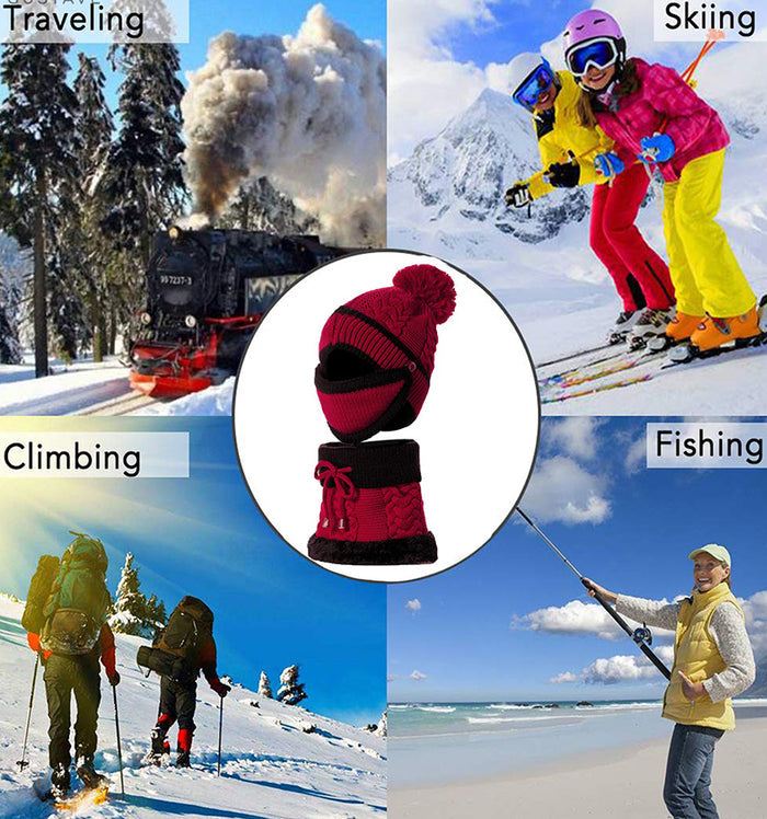 3pcs winter hat set women solid color knitted beanie scarf neck cap