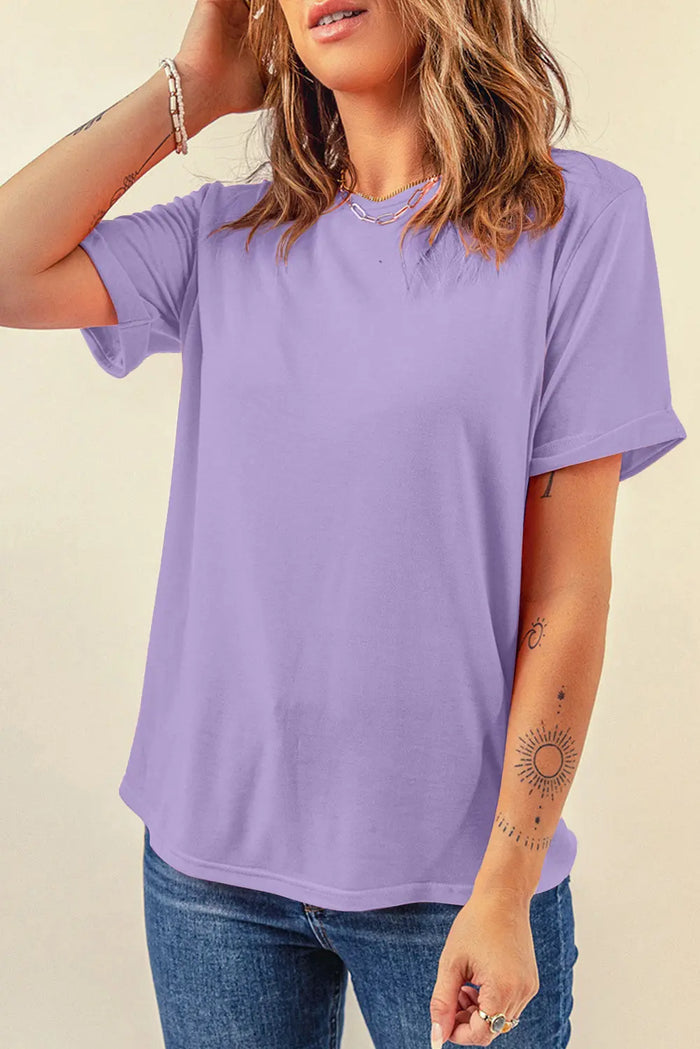 Wisteria Casual Plain Crew Neck Tee - Purple / S - Tops/Tops & Tees