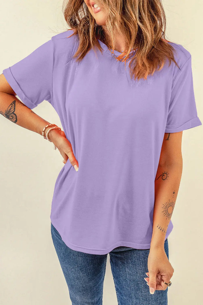 Wisteria Casual Plain Crew Neck Tee - Tops/Tops & Tees