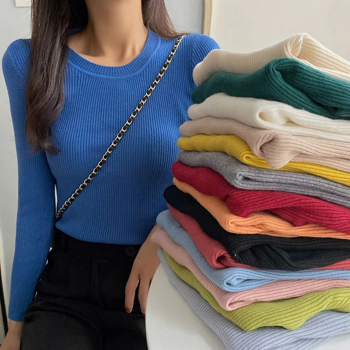 "women long sleeve knit shirt slim fit ribbed texture front view"