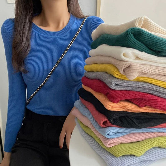 "women long sleeve knit shirt slim fit ribbed texture front view"