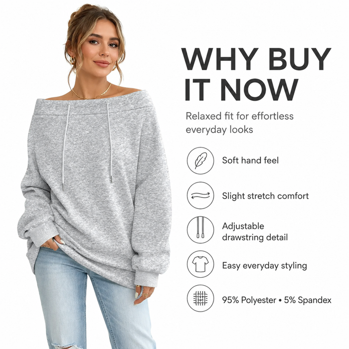 A woman wearing a light gray off-the-shoulder drawstring sweatshirt and light blue jeans stands against a white background with promotional text and feature icons on the right.