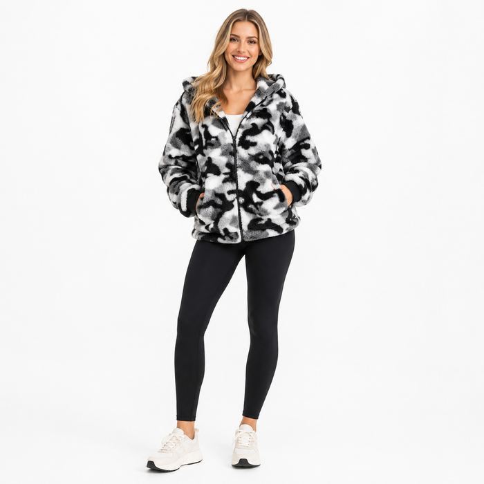 Camo hoodie for women with fuzzy polyester texture, zip-up front and pocketed casual design for relaxed everyday outfit looks