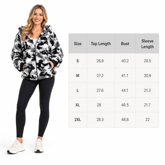 Fuzzy camo zip-up hoodie for women made from polyester with practical pockets and a casual silhouette for easy layering daily