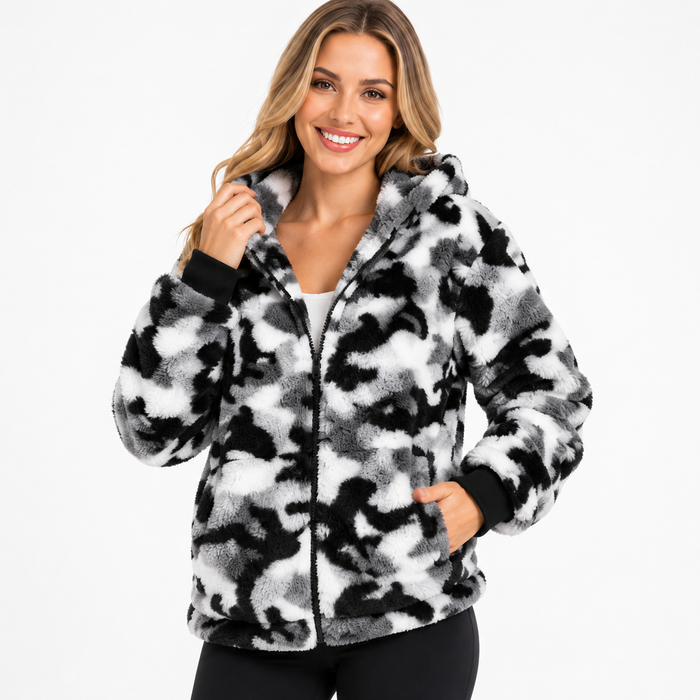 Soft polyester camo hoodie for women with no-stretch structure, full zip closure and easy everyday pocketed comfort and ease.