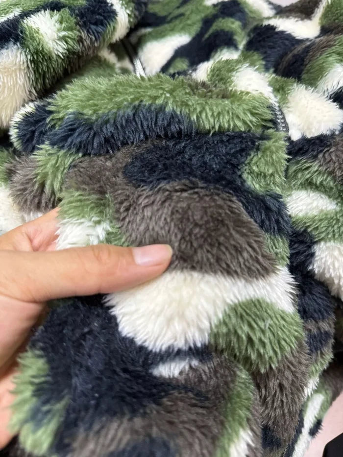Casual camo hoodie for women with fuzzy hand feel, front zipper and pockets for simple streetwear-inspired layering and ease.