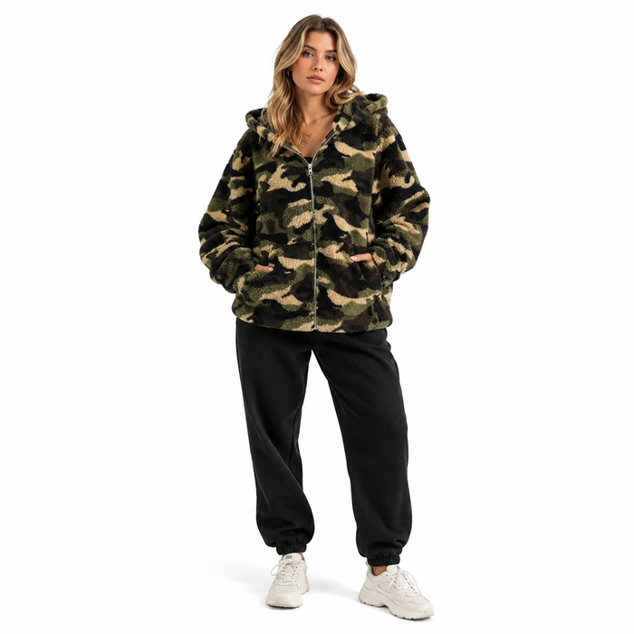 Women camo zip hoodie with fuzzy polyester finish, pocketed detail and relaxed casual styling for cooler everyday moments now