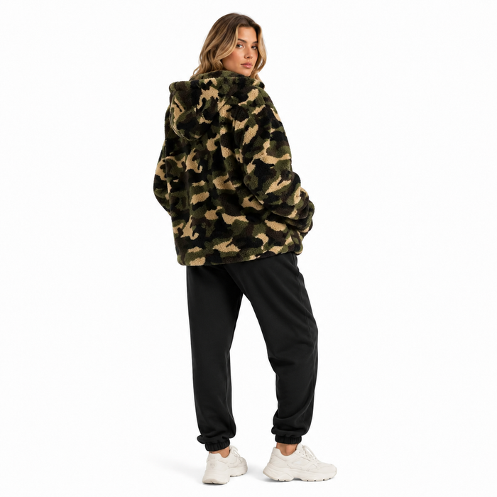 Fuzzy camo hoodie styled as an easy women casual layer with zip-up front, pocketed design and soft polyester comfort for days