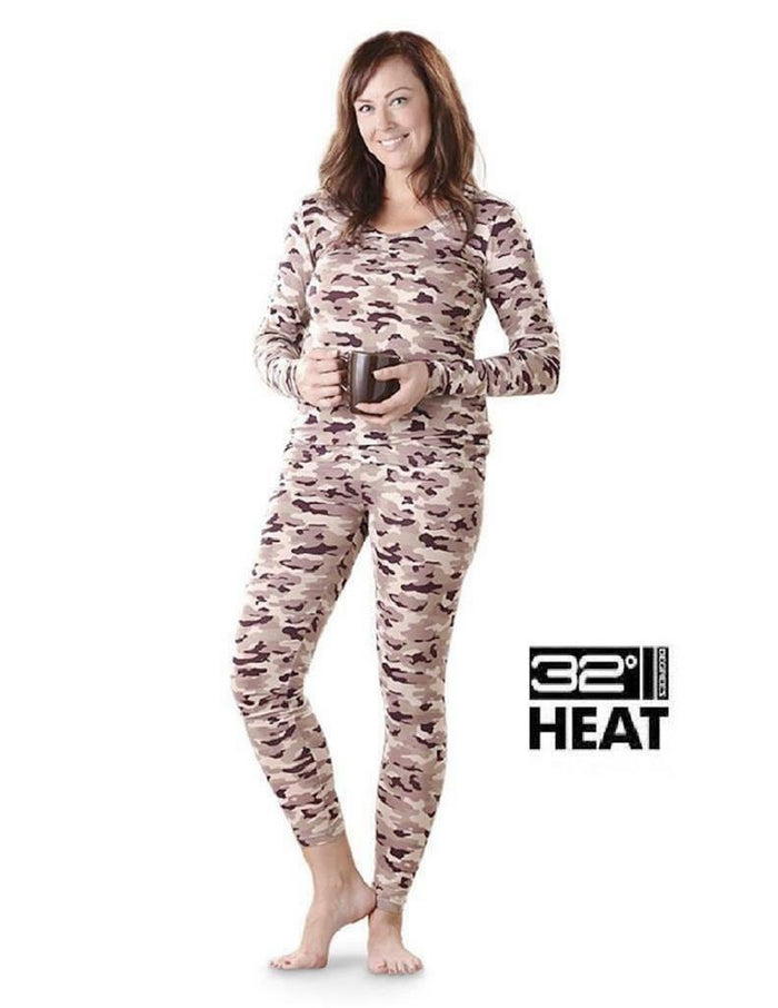 Womens COCOA BROWN & TAN CAMO 32 Degrees Base Layer THERMAL TOP & BOTTOM Set NEW
