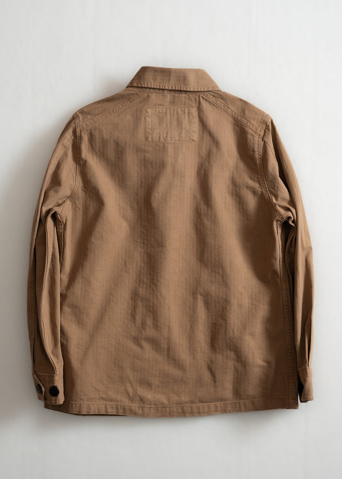 Brown jacket displayed from the back against a plain white background, showcasing its simple design and long sleeves.