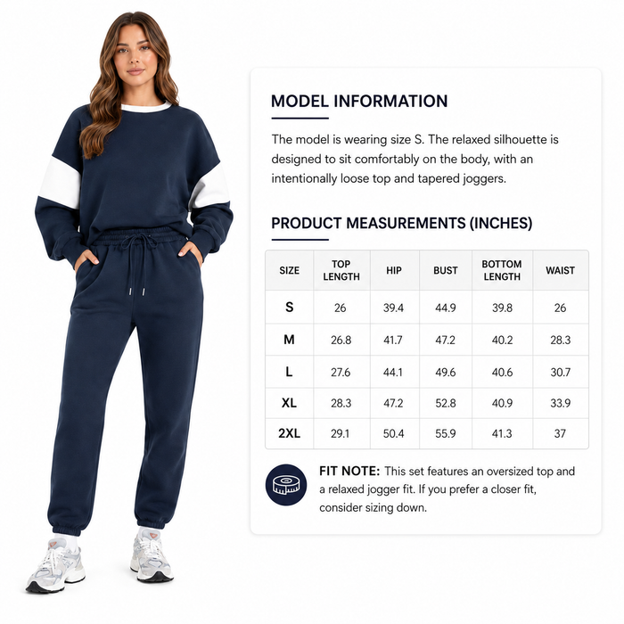 Women's navy drop shoulder sweatshirt set with model information and product measurement size guide