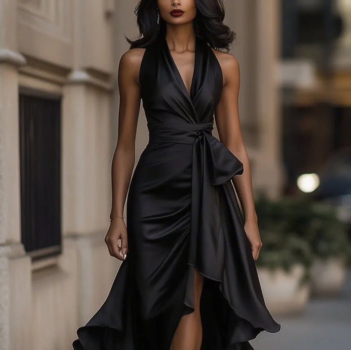 Wine Red Asymmetric Women's Ruffled V-Neck Dress Back Detail