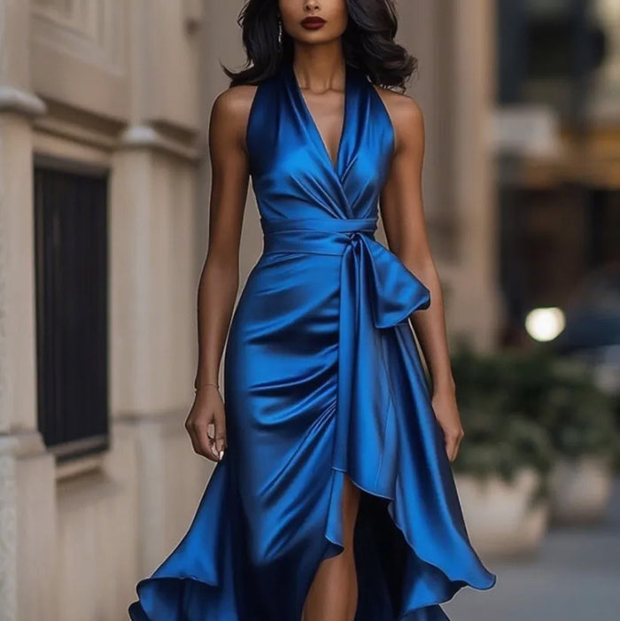 Dark Red Sleeveless Elegant V-Neck Ruffled Dress Full Length