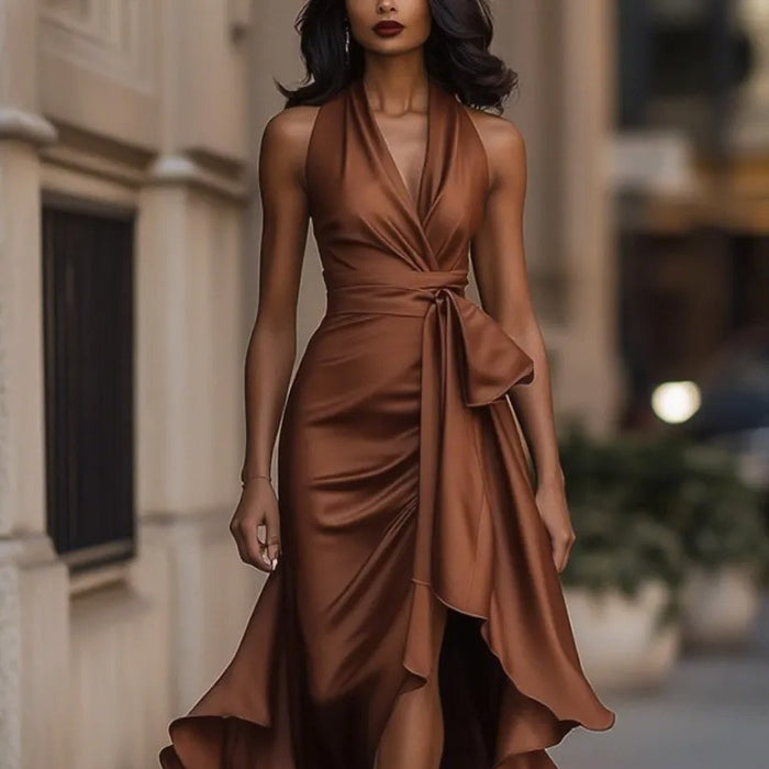 Blue Mid-Waist Women's Elegant V-Neck Ruffled Dress Close-Up