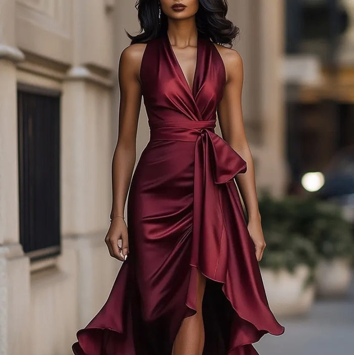 Brown Temperament Women's Elegant V-Neck Ruffled Dress Occasion Wear
