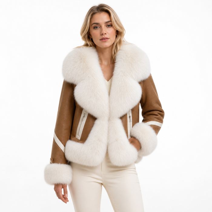 Women's faux fur coat in camel with plush artificial fur, fur collar, tailored silhouette and 3D textured pattern for winter.