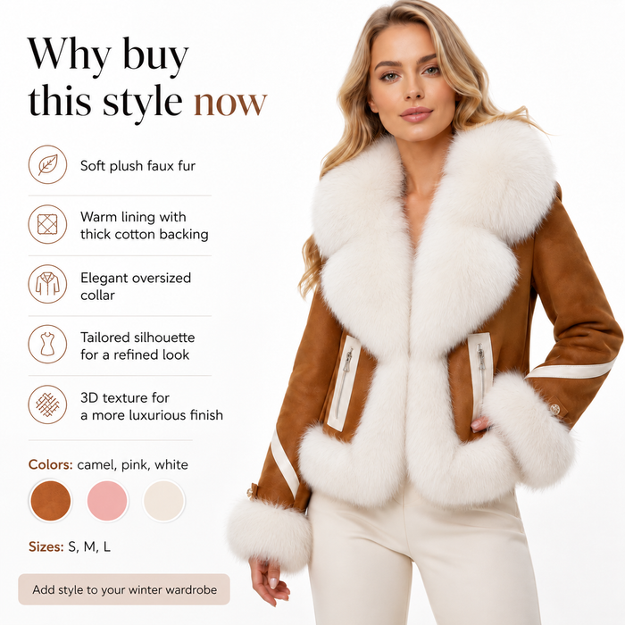 A woman models a camel-brown faux fur shearling jacket with a large white collar and cuffs, set against a clean white background with promotional text and color swatches.