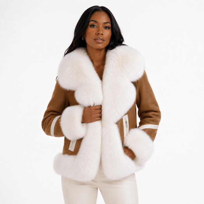 Women's faux fur coat in white with plush artificial fur, fur collar, tailored shape, and thick cotton backing for cold days.