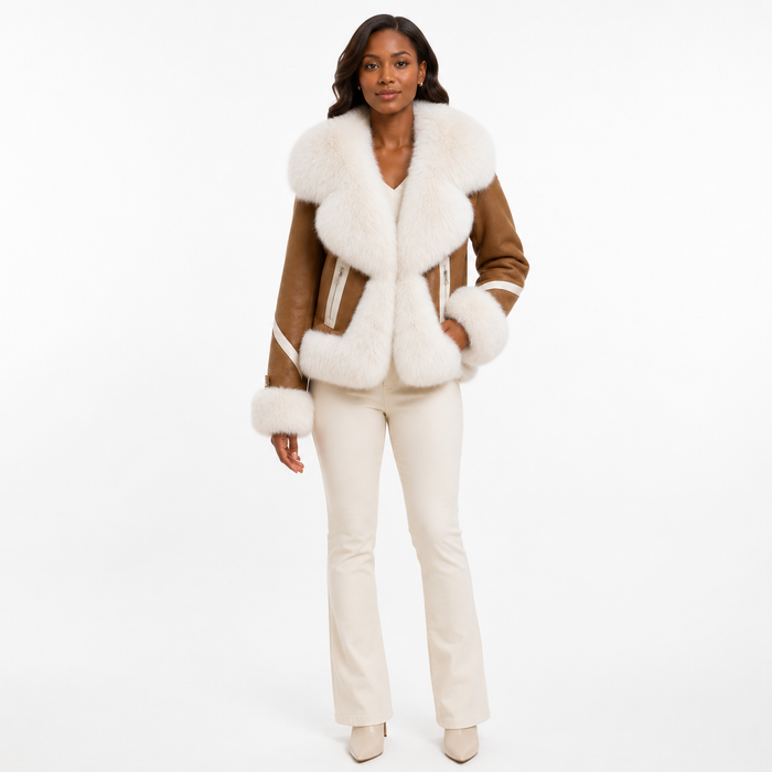 Women's faux fur coat sleeve detail with conventional sleeve construction, plush artificial fur and its thick cotton backing.