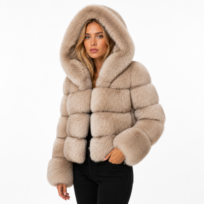 Womens Faux Fur Hooded Jacket - Patchwork Winter Styles