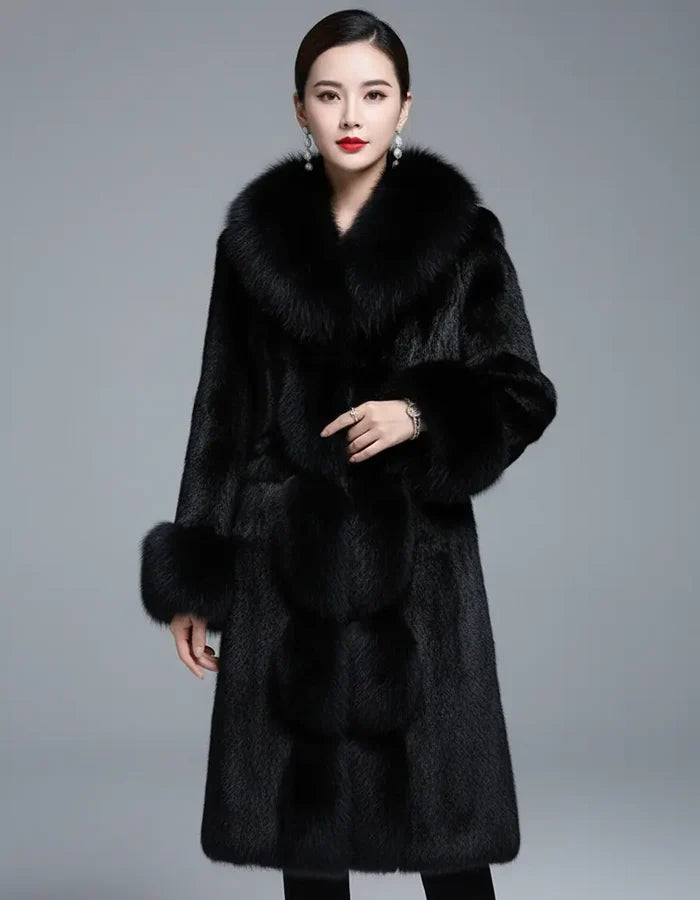 Plush black fleece coat for women with full-length coverage and long sleeves