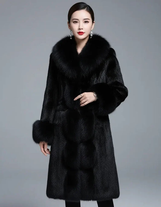 Plush black fleece coat for women with full-length coverage and long sleeves