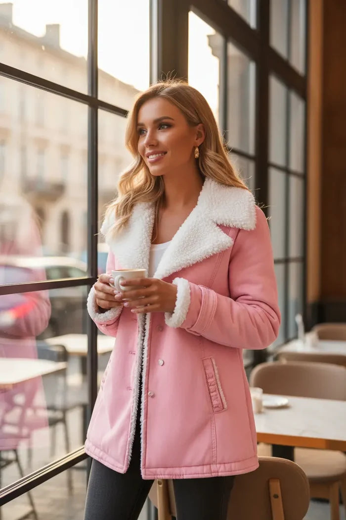 warm cotton jacket women neutral color relaxed fit front view