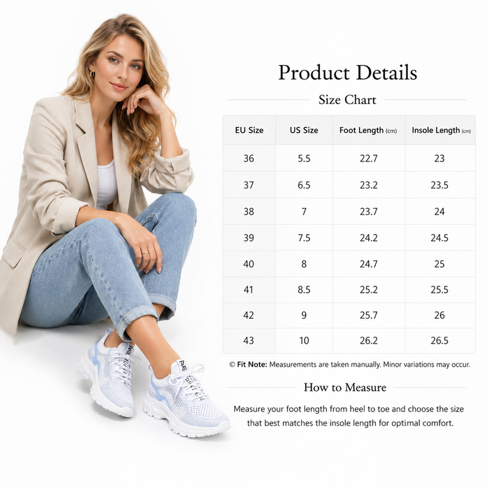 A woman sits on the floor wearing a light beige blazer, white top, blue jeans, and white sneakers, next to a size chart table labeled Product Details Size Chart with EU Size, US Size, Foot Length (cm), and Insole Length (cm).