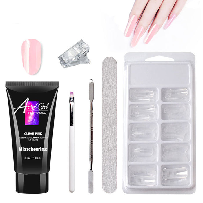 Women's complete gel nail extension kit featuring dual-light curing lamp and 18-piece professional tool set