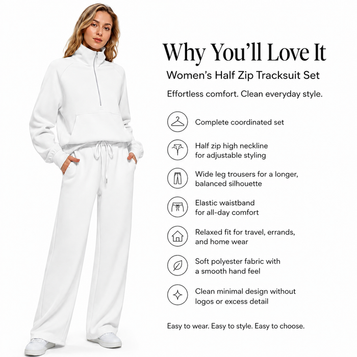 A woman modeling a white women's half-zip tracksuit set against a white background, with text listing the benefits of the set on the right side.