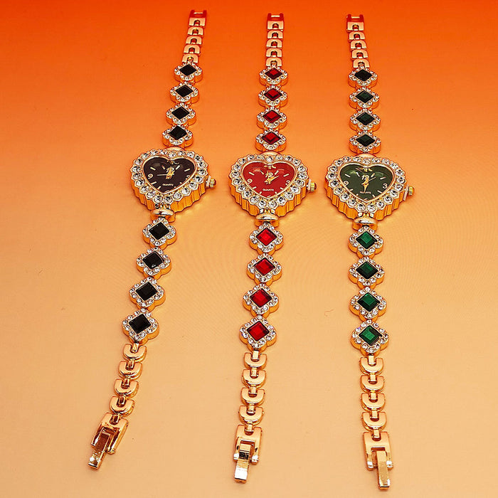 Fashion women’s heart bracelet watch set featuring red dial, crystal frame and pearl bracelet stack for romantic wrist style