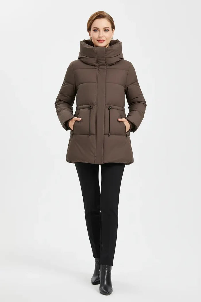 women’s mid-length hooded cotton coat khaki back view structured drape outdoor winter context