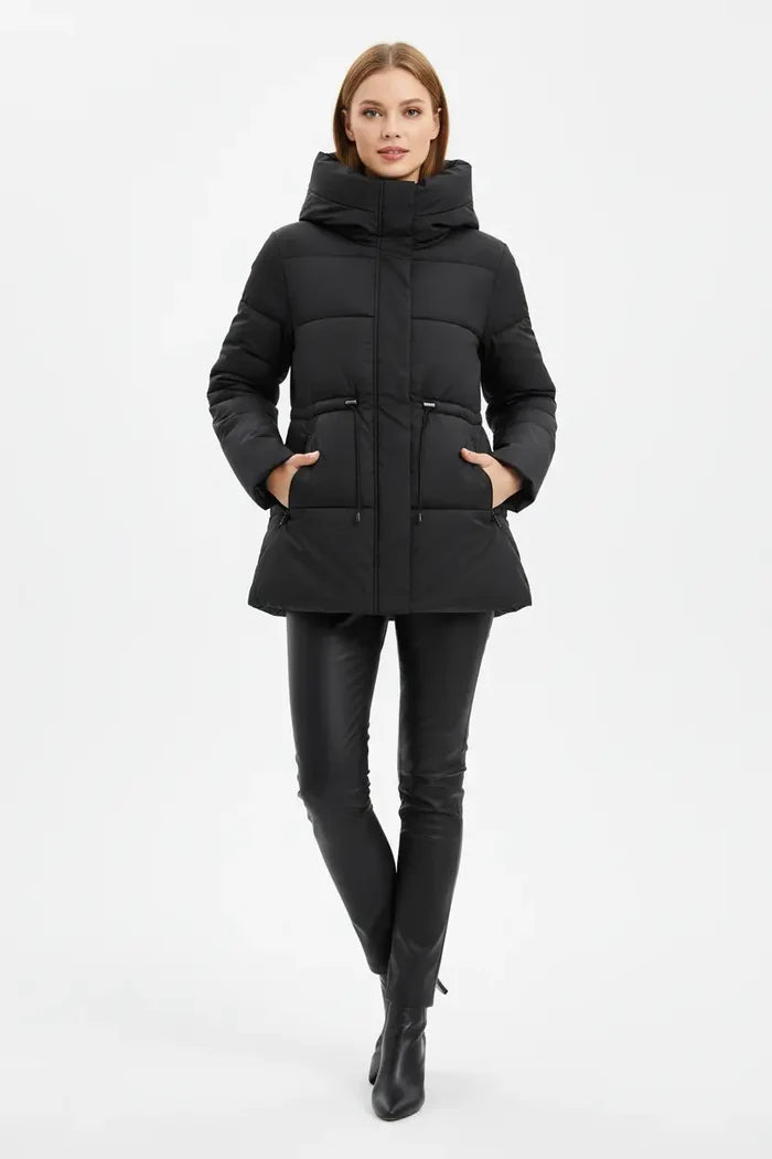 women’s mid-length hooded cotton coat hood detail regular sleeve minimal design aesthetic