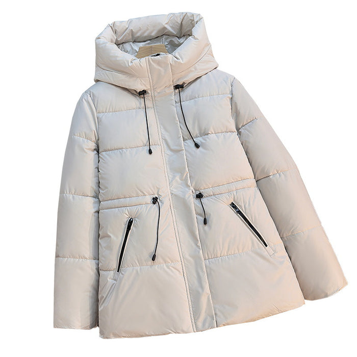 women’s mid-length hooded cotton coat neutral tone styling professional daily commute
