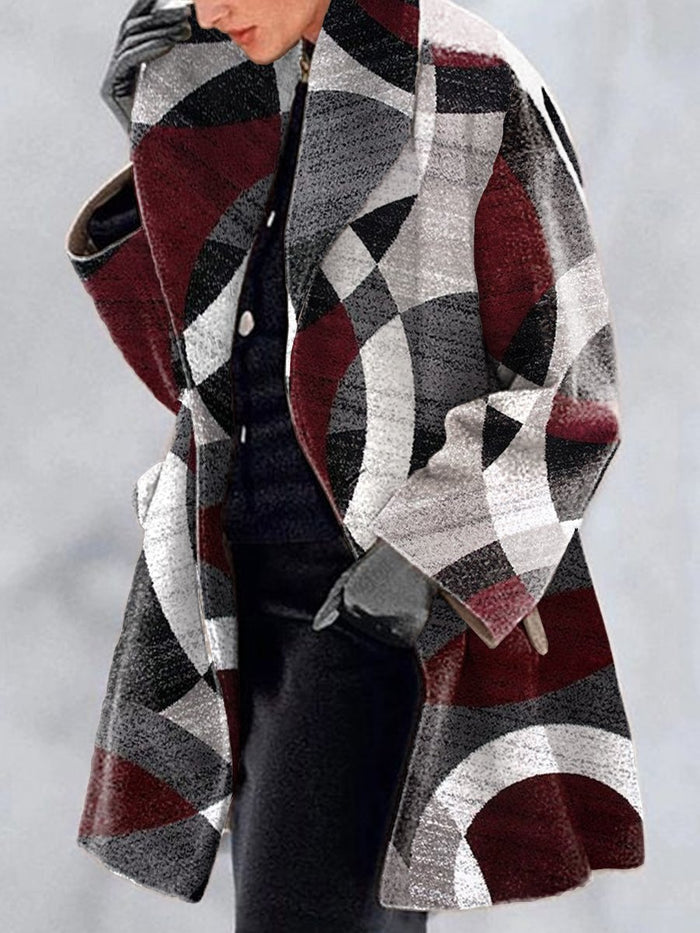 womens jackets retro lapel print wool-look coat back view highlighting mid length coverage and drape