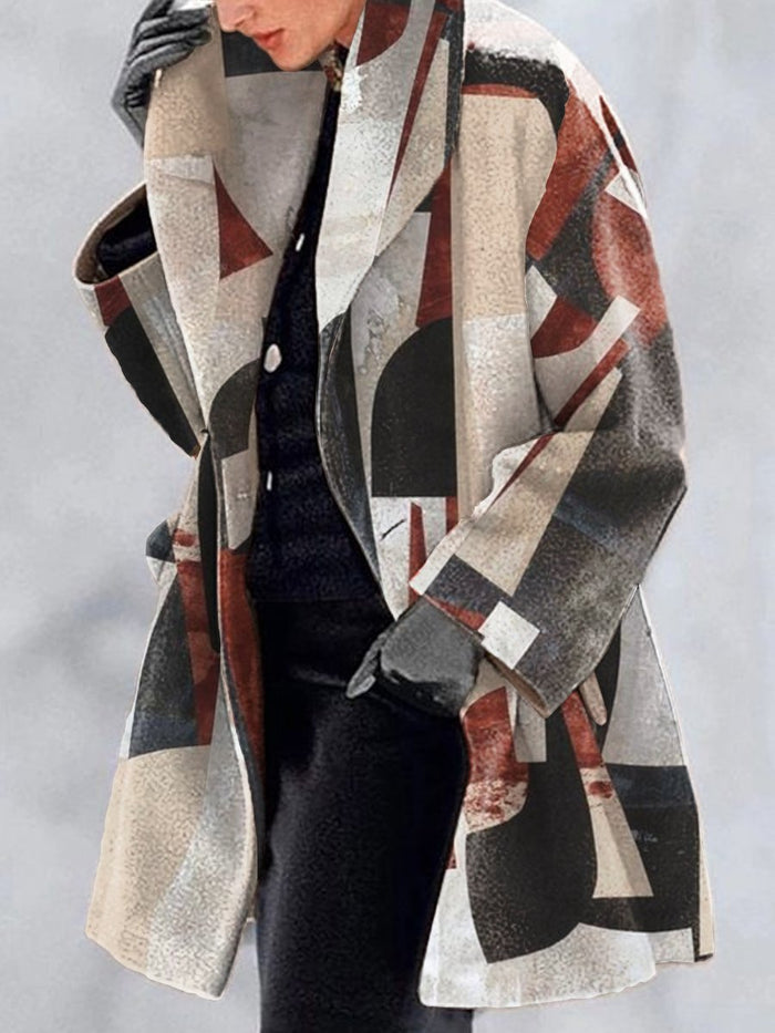 womens jackets retro lapel print coat flat lay showing pattern, lapel collar, and long sleeve silhouette