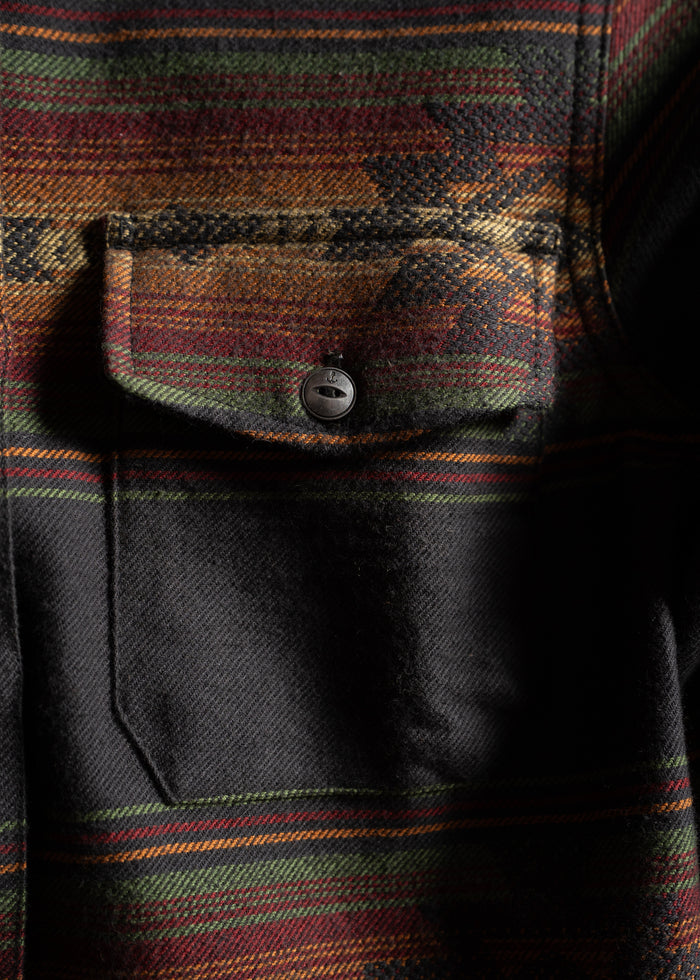 Close-up of a plaid wool jacket pocket with a button, featuring earthy tones of red, green, and brown in a striped pattern.