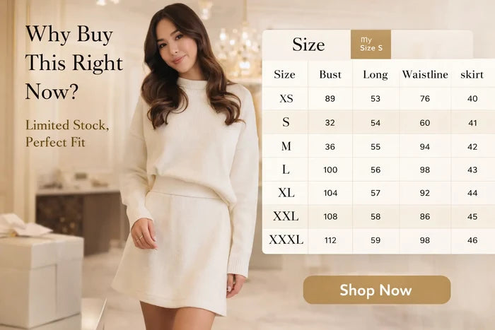 Woman in a white outfit with a size chart and promotional text on a beige background