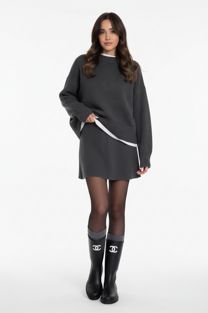 Close up of the soft polyester knit texture on a women's two piece set