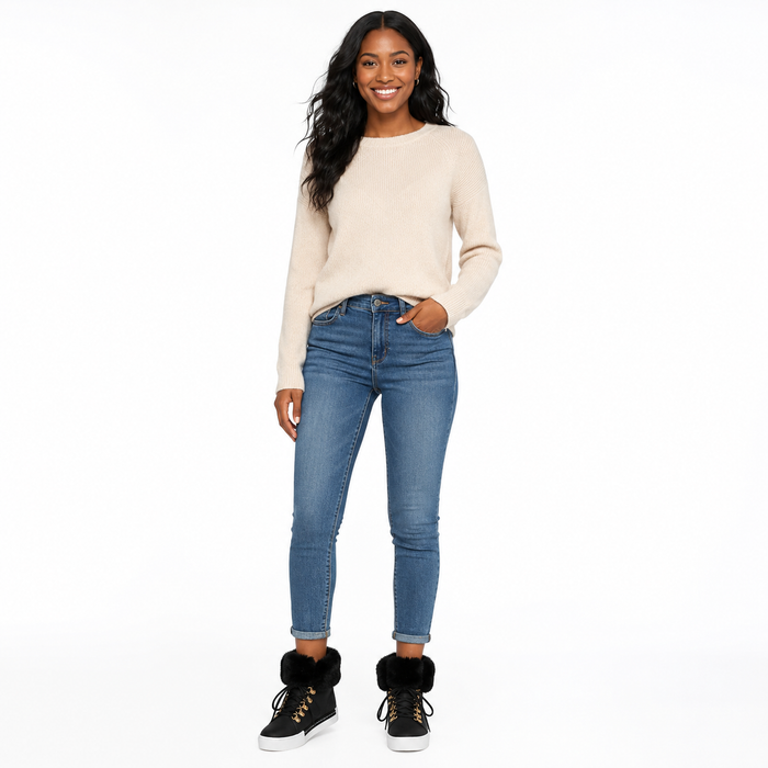 Women's black lace-up ankle boots with fuzzy faux fur collar shown front view on model