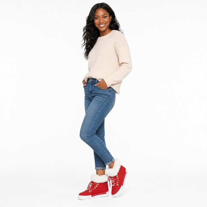 Women's red lace-up ankle boots with fuzzy faux fur collar shown in three-quarter view