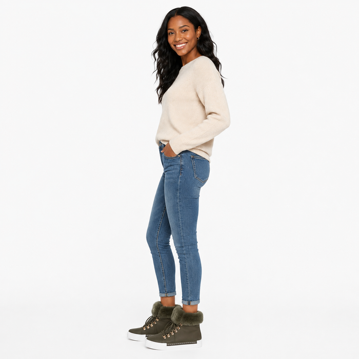 Women's green lace-up ankle boots with fuzzy faux fur collar shown in side view on model