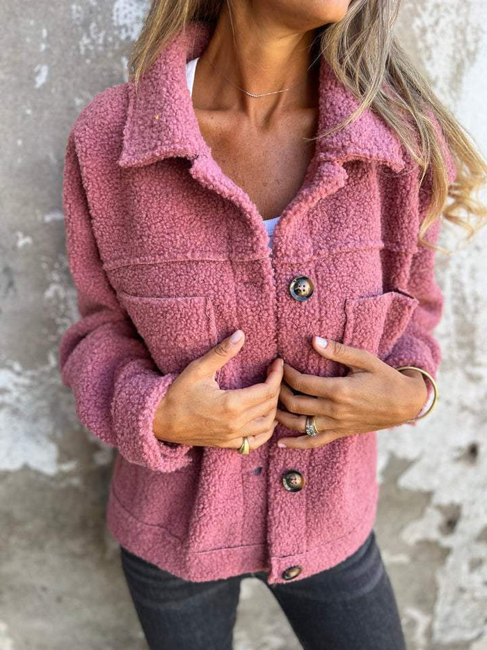 teddy fleece jacket women lapel collar casual winter outfit