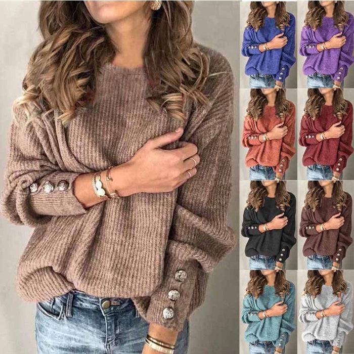 Women’s Long Sleeve Round Neck Button Knit T-Shirt cotton blend fabric texture close-up in neutral studio lighting