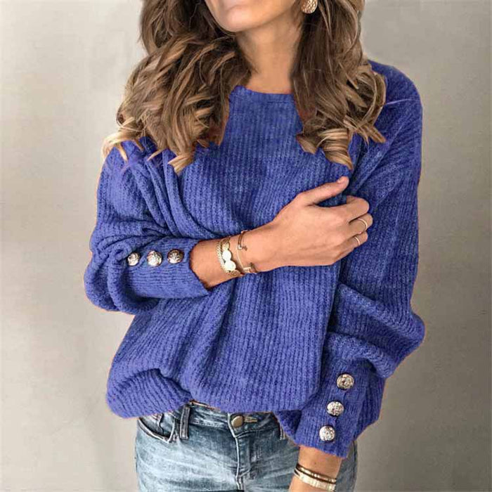Women’s Long Sleeve Round Neck Button Knit T-Shirt back view showcasing relaxed cut and smooth knit structure