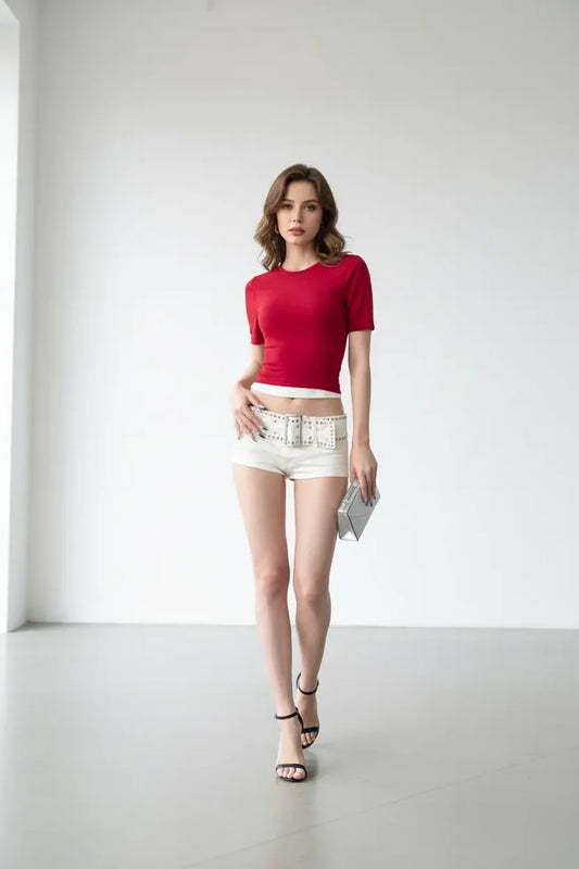 american style hot pants white denim low waist studio shot