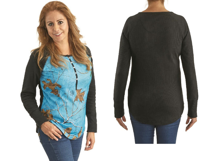 Women's MOSSY-OAK BREAK-UP COUNTRY Camo Thermal Knit Henley Shirt *PINK or BLUE