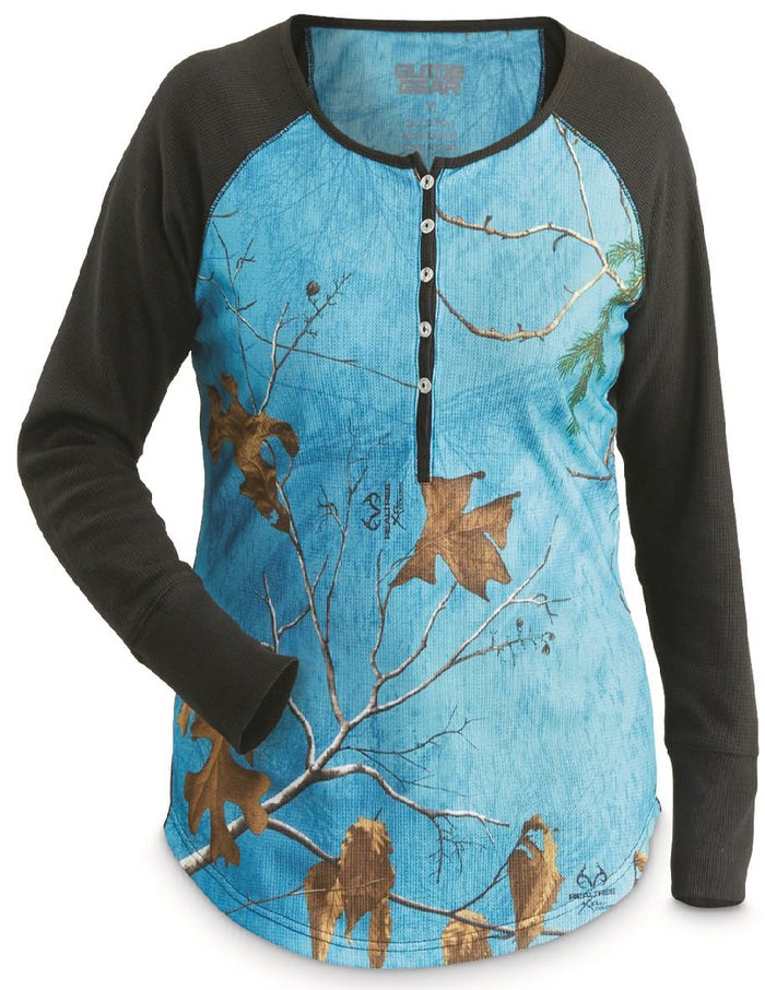 Women's MOSSY-OAK BREAK-UP COUNTRY Camo Thermal Knit Henley Shirt *PINK or BLUE